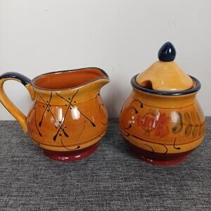 Romance Nanette Vacher Ambiance Creamer Sugar Set Lid Yellow Orange Relief